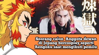 Seorang calon  Anggota dewan di Jepang bercosplay seperti Rengoku saat mengikuti pemilu