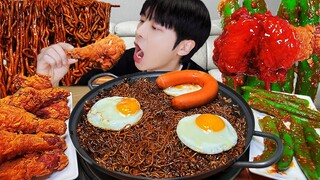 ASMR MUKBANG 직접 만든 양념 치킨먹방! 짜파게티 소세지 김치 레시피 & 먹방 BLACK BEAN NOODLES AND FRIED CHICKEN EATING SOUND!