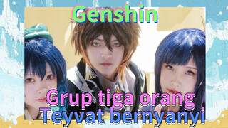 Grup tiga orang Teyvat bernyanyi