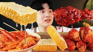 ASMR MUKBANG 매운 양념 치킨먹방! & 떡볶이 허니콤 FRIED CHICKEN & Tteokbokki HONEYCOMB EATING SOUND! Gà