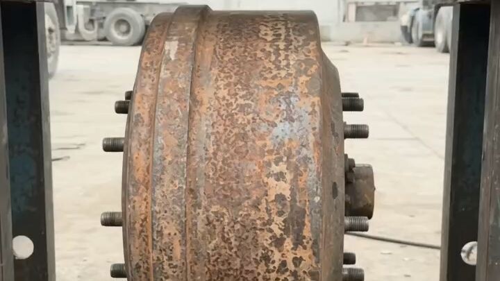 This Massive Truck Brake Drum Gets Completely Flattened 🔥 #MetalCrushing #HydraulicPress #HeavyMach