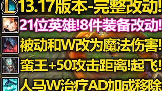 13.17版本-改动介绍:剑魔被动和W改为魔法伤害!蛮王175攻击距离!人马W移除治疗AD加成! 暗裔狗全面削弱大砍! 蔚被动和E加强!R削弱!.