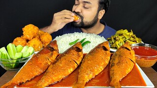 4 PIECE WHOLE HILSA FISH CURRY, CABBAGE PAKORA, VEG FRY, SALAD, RICE, GRAVY MUKBANG ASMR EATING SHOW