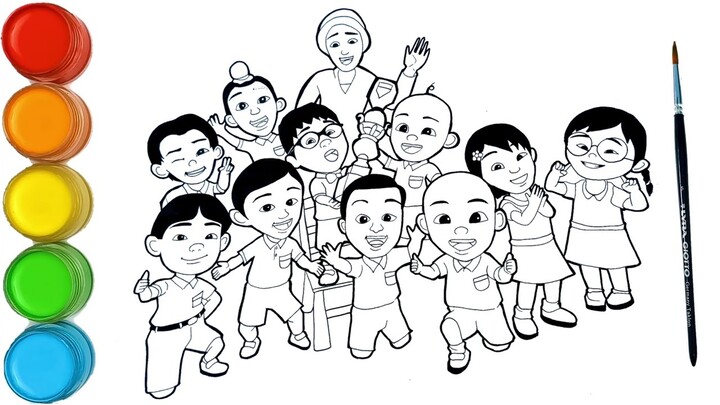 menggambar dan mewarnai Upin & Ipin bersama kawan baik dan guru Jasmin
