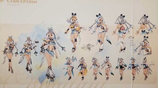 原神巴黎提瓦特博览会展出，大量角色设计，七神的各种废案也很吸引人，珐露珊原设居然是白毛，玛拉妮也有很多衣服废案，所以原神什么时候才出官方设定集啊
