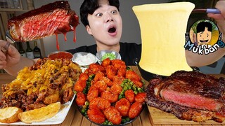 ASMR MUKBANG 불닭파스타 & 치즈 퐁듀 & 스테이크 FIRE PASTA & FRIED CHICKEN & CHEESE STICK EATING SOUND!