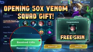 OPENING 50X VENOM SQUAD GIFT! GET FREE PERMANENT VENOM SKIN? | VENOM SQUAD'S GIFT EVENT GUIDE - MLBB