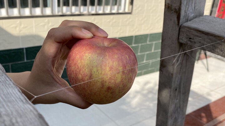 If you tighten a sharp fishing line and throw an apple towards it, will the apple be cut by the line