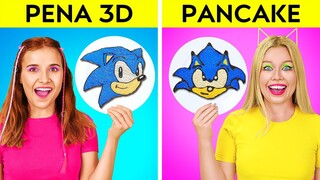 PENA 3D LUAR BIASA VS TANTANGAN SENI PANCAKE BAGIAN 2 || Sonic Hilang! Ide Kreatif DIY oleh 123 GO!