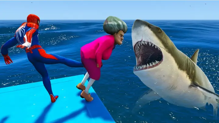 Spiderman and Scary Teacher Shark Battle in The Sea - Game Animation