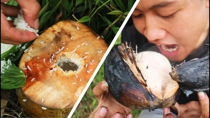 Survival Skills | Memasak dan Makan Ketan yang dimasak didalam Buah Kelapa, manis, gurih, kenyang.