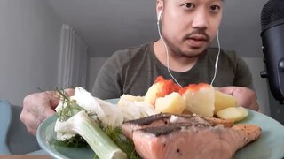 ASMR Baked Salmon, Raw Fennel Chunks & Boiled Potatoes 🥔 - Eating Sounds