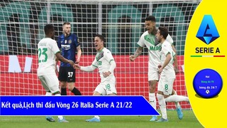 Kết quả vòng 26 giải VĐQG Italia Serie A 21/22 Bảng xếp hạng