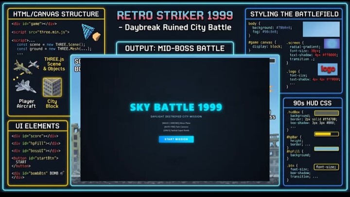 🎮 Sky Battle 1999: Daybreak Ruined City Mission!  HTML5, CSS, and Three.js দিয়ে বানানো ৯০-এর দশকের