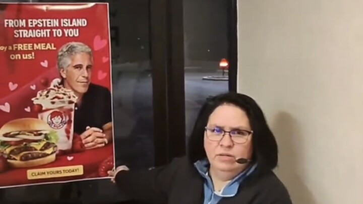 Jianren TV trades an Epstein poster for a free burger.