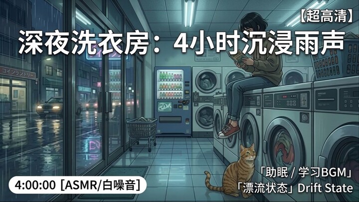 🌧️ 雨天·深夜洗衣房 ｜ 4 Hour Rain Sounds for Studying & Sleeping ｜ 戴上耳机，享受独立时空