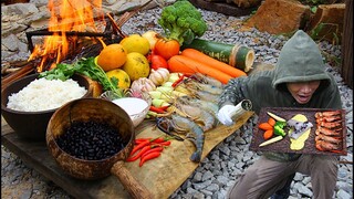 Cooking Rice in Bamboo Spice Soy Bean,Coconut(Baked Glutinous) Eating with Lobster BBQ Recipe