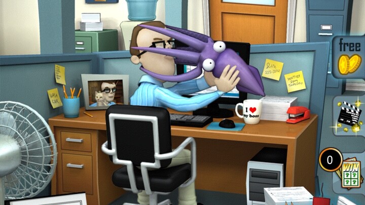 Office jerk throwing a purple squid that gets stuck in the jerks head and face