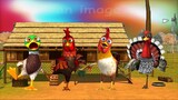 The Two Roosters, The Turkey And The Duck Enjoying Their Funny Dance At The Farm