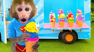 Monkey Baby Bon Bon drives the ice cream truck to the farm and eats rainbow ice cream  with puppy