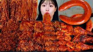 ASMR MUKBANG| 직접 만든 불닭 짜장 버섯 양념치킨 소세지 먹방 & 레시피 FRIED CHICKEN AND FIRE NOODLES EATING