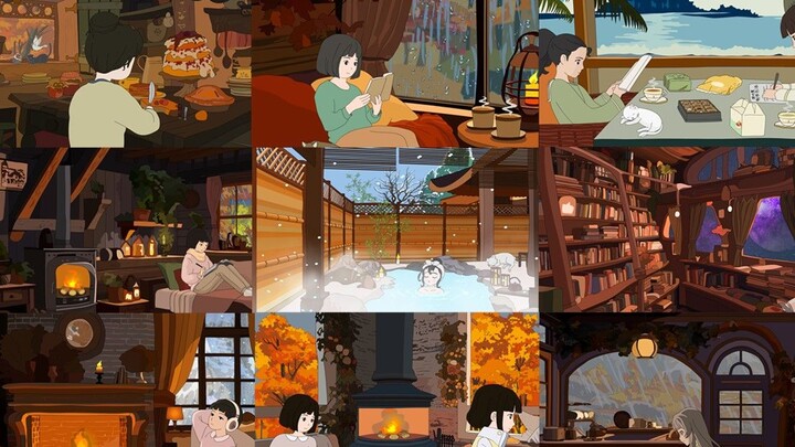 [White noise animation collection] 45 minutes of sedentary reminder // rain sound / book turning sou