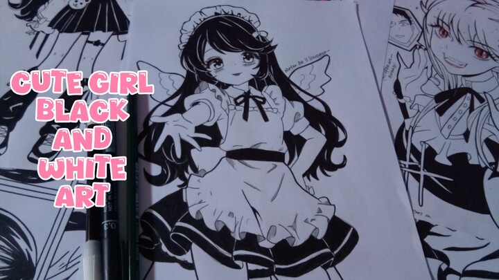 Cute Girl || Black and White Art (SPEED DRAWING)