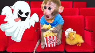 Monkey Baby Bon Bon goes to the movies with the duckling and swims with puppy in swimming pool