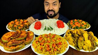 PRAWN CABBAGE FRY, CATFISH CAULIFLOWER CURRY, BRINJAL FRY, PRAWN SPINACH MASALA, RICE MUKBANG ASMR |