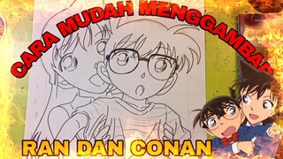 cara mudah menggambar anime detektif Conan, ran dan Conan