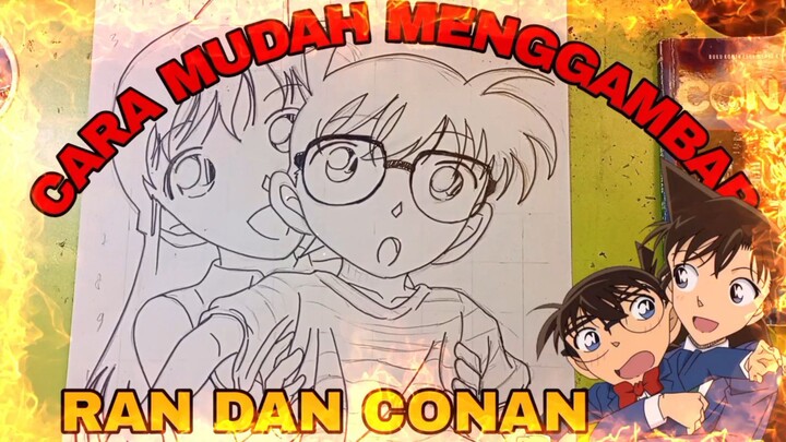 cara mudah menggambar anime detektif Conan, ran dan Conan