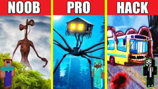SIREN HEAD VS HOUSE HEAD VS BUS EATER BUILD CHALLENGE - NOOB vs PRO vs HACKER / Minecraft Animation