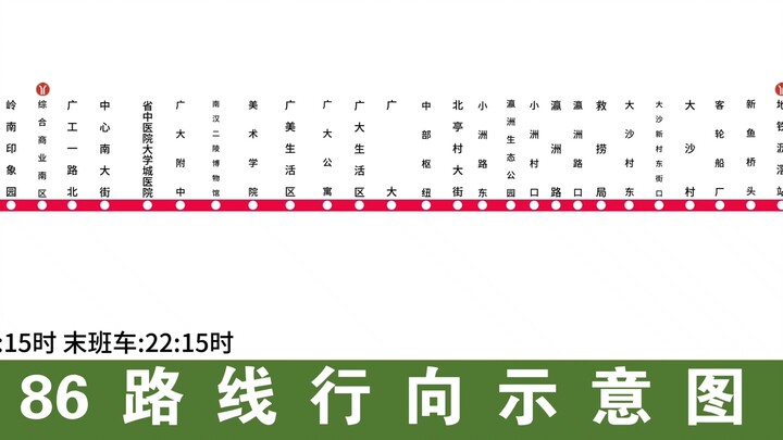 中国广州公交电车绿白导向图巴士集团报站（及爱国教育基地）2026 .01 倡导排队 86路（2025.07.27站名铁标）大学城至沥滘 双向 （大学城AI本兮英文）
