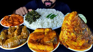 BIG FISH HEAD CURRY, PRAWN CURRY, KATLA KALIA, KOI FISH CURRY, SPINACH, RICE MUKBANG ASMR| BIG BITE|