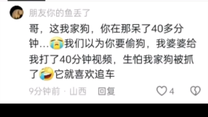The dog chased the car for 40 minutes, you watched the dog for 40 minutes, and the dog’s owner watch