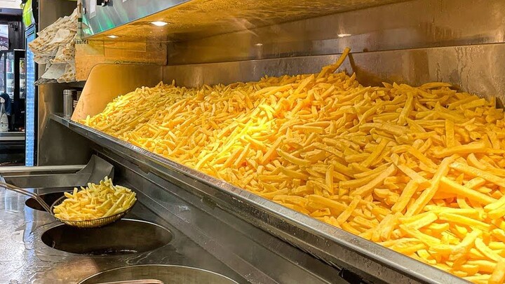 【Happy Mountain of Hamburgers and French Fries at Paris Street Fast Food Restaurant】