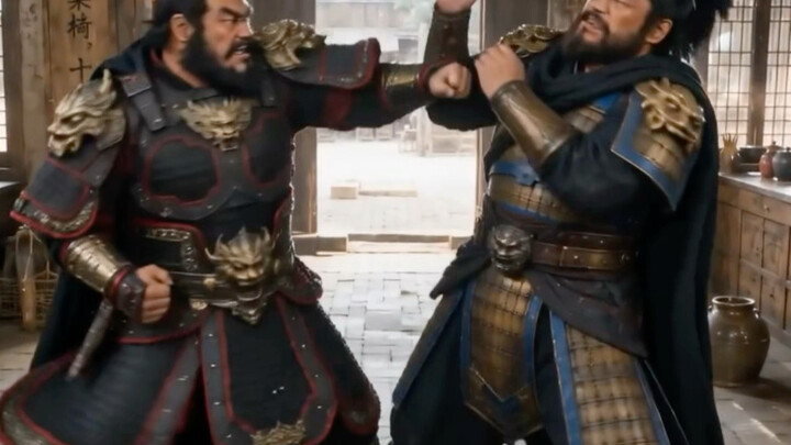 Zhang Fei and Dian Wei each have a pig; as they’re eating, they end up fighting.