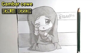 Gambar cewe berhijab bersedih, dengan pensil 2B