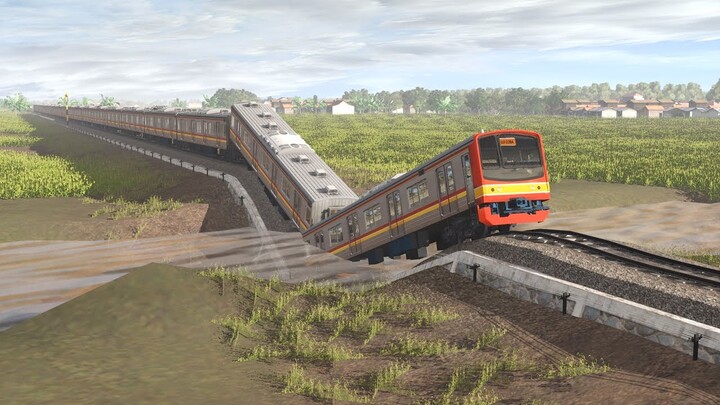 Kereta Api Panjang Melewati Rel Melengkung di Air - Long Train Passing Curved Rails at Water Hole