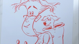 The daughter just draws a few strokes and the father draws a picture.