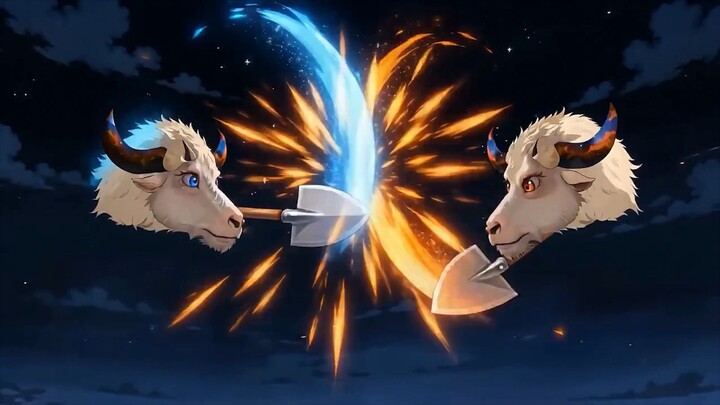 The Big-Horned Bull Battles the Light-Blue Sheep!