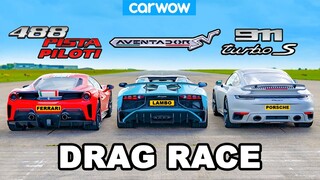 Ferrari 488 Pista Piloti v Aventador SV v 800hp 911 Turbo S: DRAG RACE