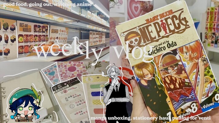 🛍 weekly vlog || manga unboxing, stationery haul, pulling for venti, foods + going out