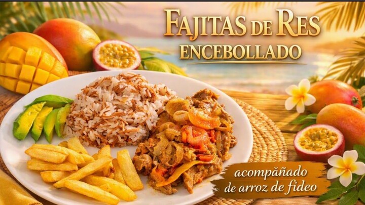 Fajitas de carne de res encebollado acompañado de arroz de fideo