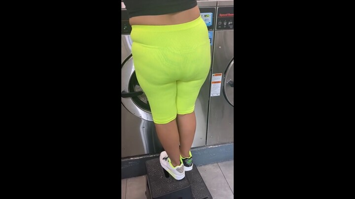 Wife in See through Yellow Pants doing Laundry