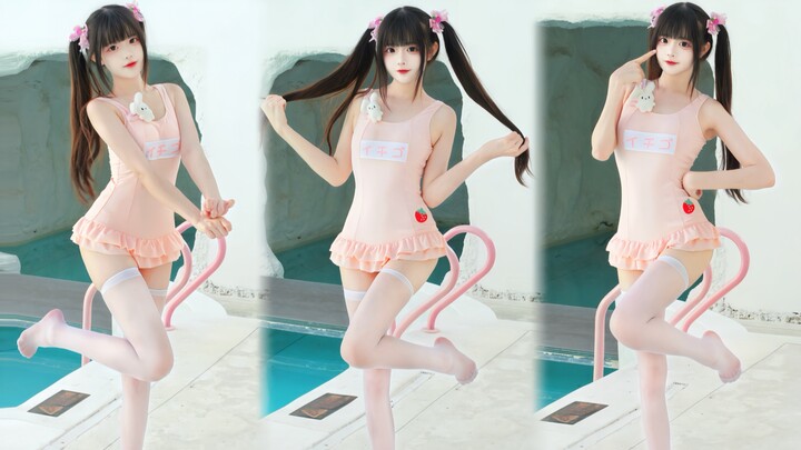 Pink and tender girl in the water pool! Cute home dance in the vertical screen swimming pool "Cattai
