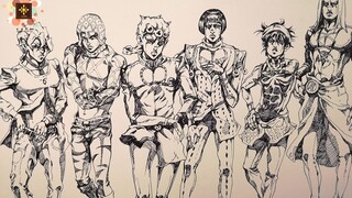 【梵米艺画】【速写】用一块钱的水性笔不起稿挑战四开JOJO意大利牛郎团！全员JOJO立！还穿了品如的衣服哇！
