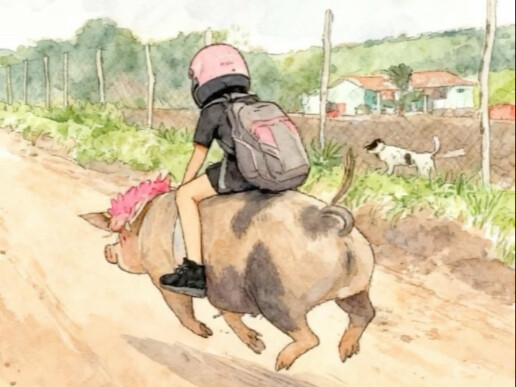 Cậu bé nhà xa trường một chút, ngày nào cũng cưỡi “heo heo” đi học và về nhà.