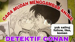 cara mudah menggambar anime detektif Conan dan ai haibara