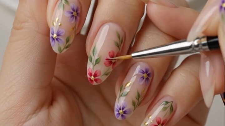 Purple and pink wildflower botanical nail art idea for almond nails! 🌸✨ Sheer milky paint